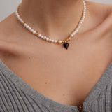 Noir Heart Oil-drip Glaze & Natural Pearl Necklace